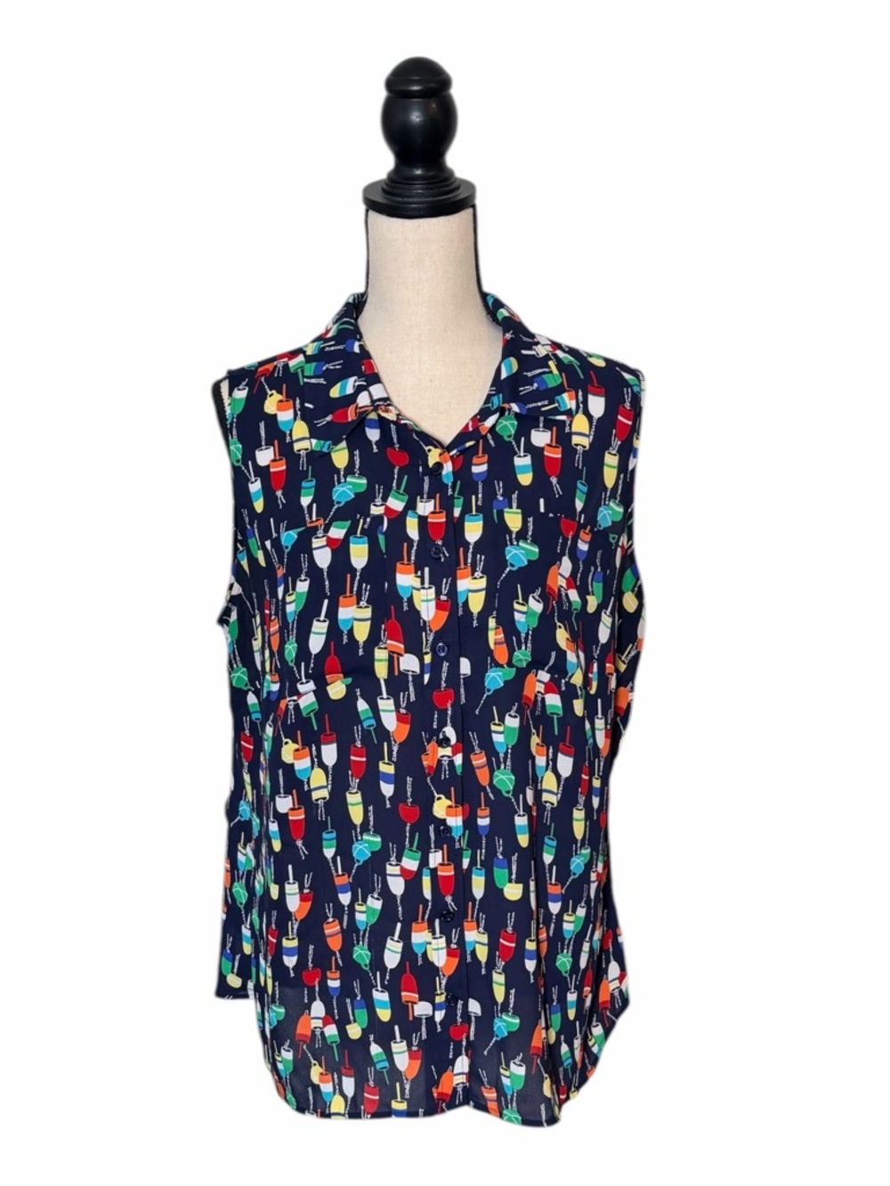 Talbots Buoy Print Sleeveless Button Down Shirt - Navy Blue Nautical Top Size 1X
